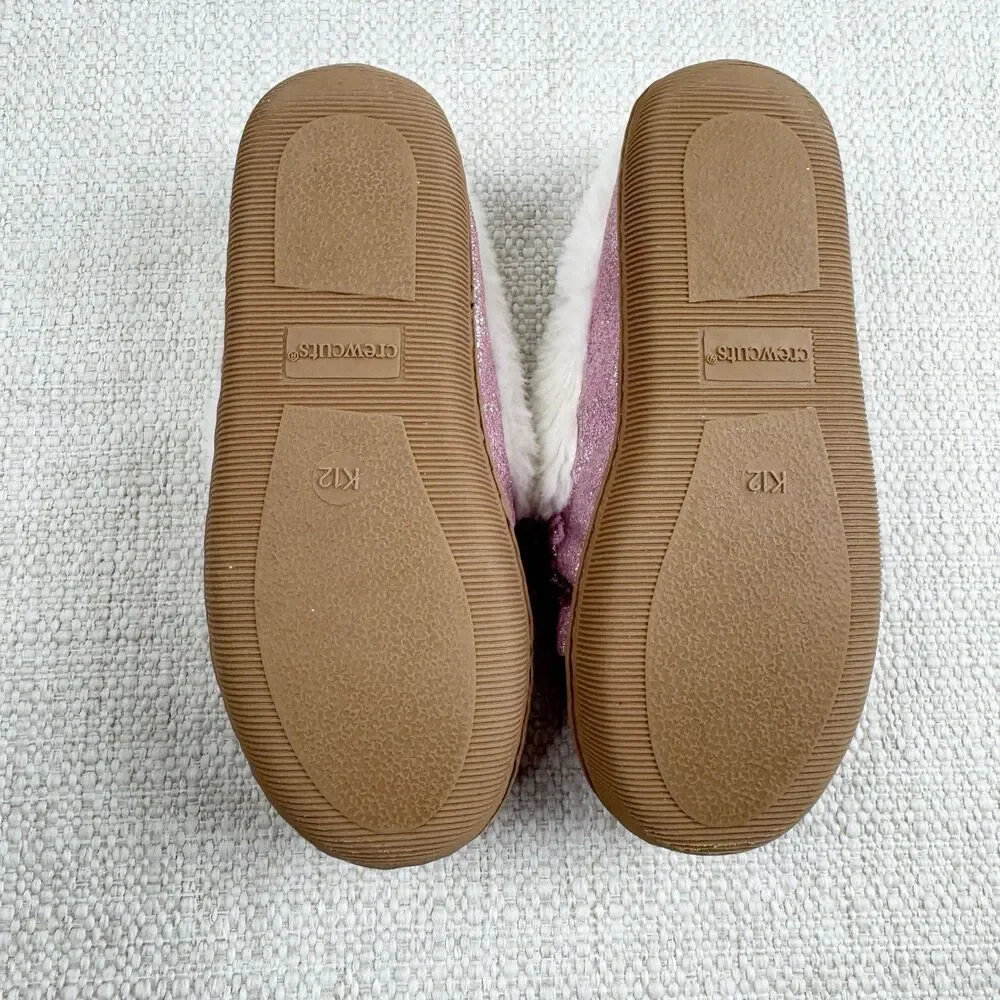 J Crew Youth Glitter Slippers Girls K12 Kids 12 Pink Faux Shearling Moccasin